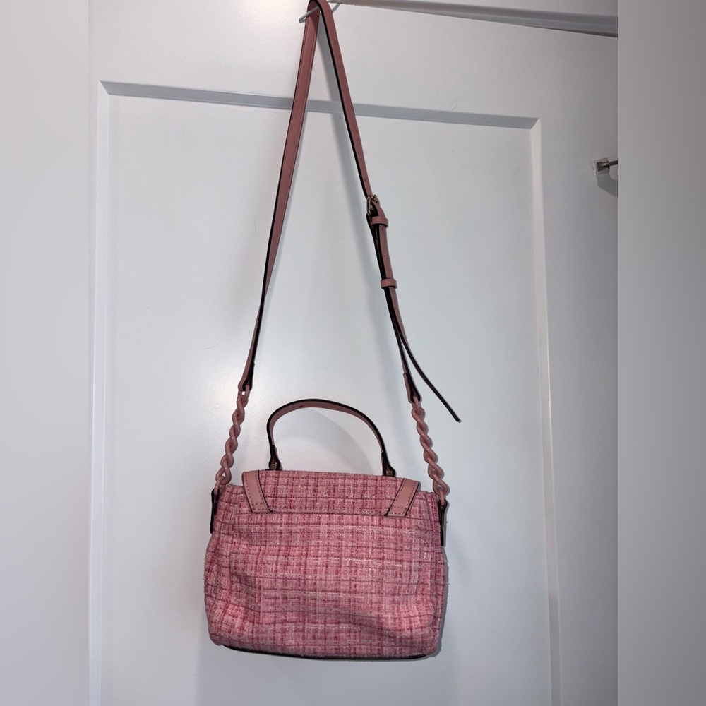 GUESS | Pink Gingham Tweed Crossbody Bag with Leather Trim - Picture 4 of 17